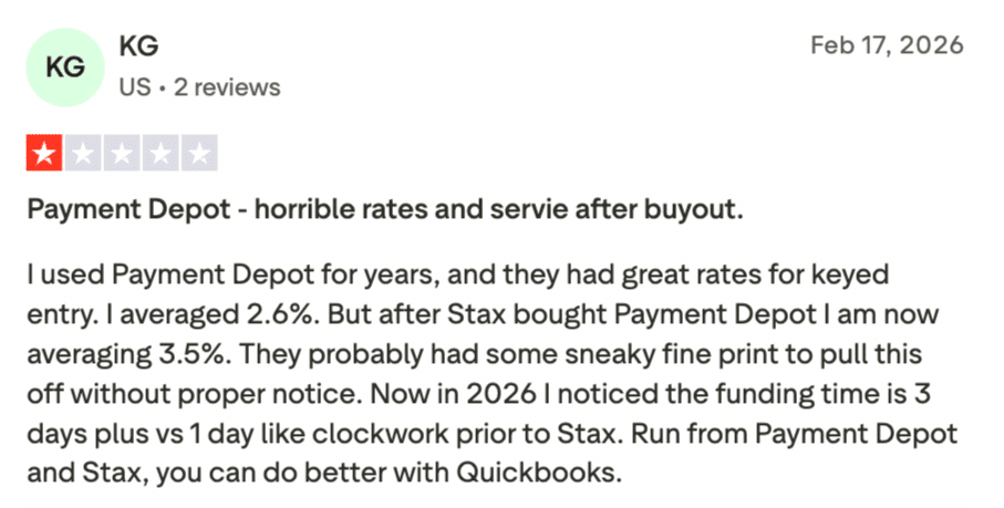 review from user describing a significant rate increase and slower funding times after Stax acquired Payment Depot, with the reviewer advising other merchants to look elsewhere.