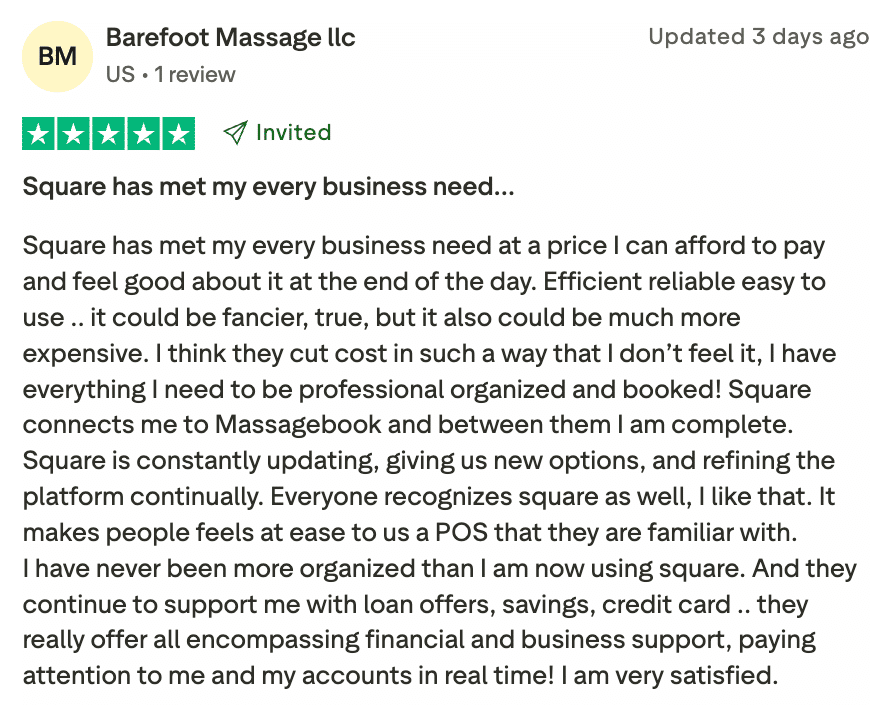 review from Barefoot Massage LLC praising Square for meeting all their business needs affordably, including scheduling, payments, and financial tools.