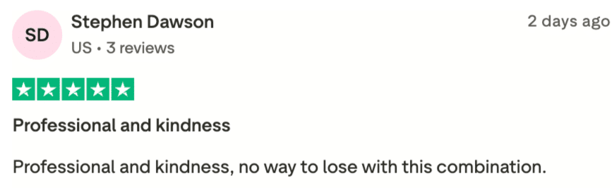 Screenshot of a 5-star Trustpilot review from Stephen Dawson praising Stripe for its professionalism and kindness.