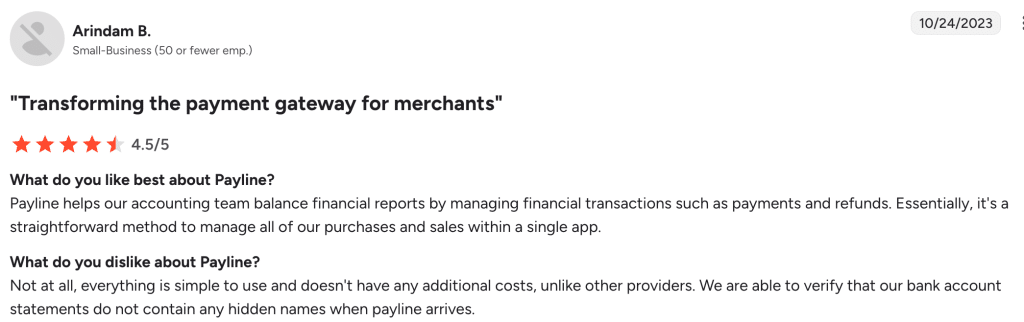 Screenshot of a review from Arindam B., a small-business owner, praising Payline for simplifying financial transaction management.