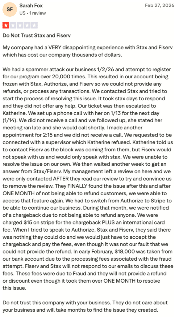 Screenshot of describing a prolonged account freeze after a fraud attack, with Stax and Fiserv taking over a month to resolve the issue and declining to refund thousands in associated fees.