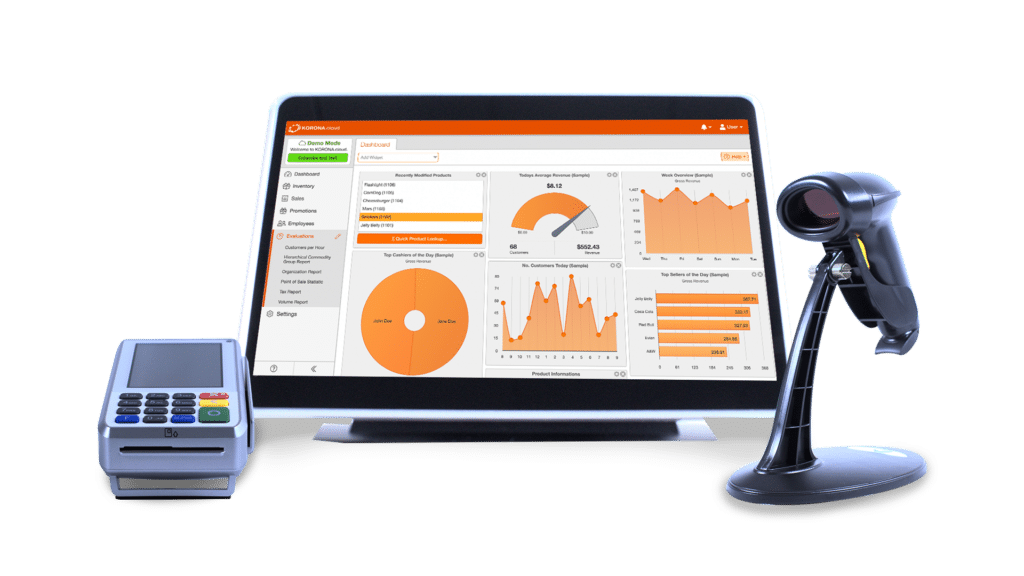 korona pos hardware, software, credit card reader, and barcode scanner