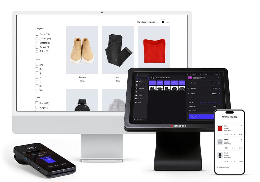 lightspeed apparel ecommerce site, terminal, credit carder reader, and software on a smartphone