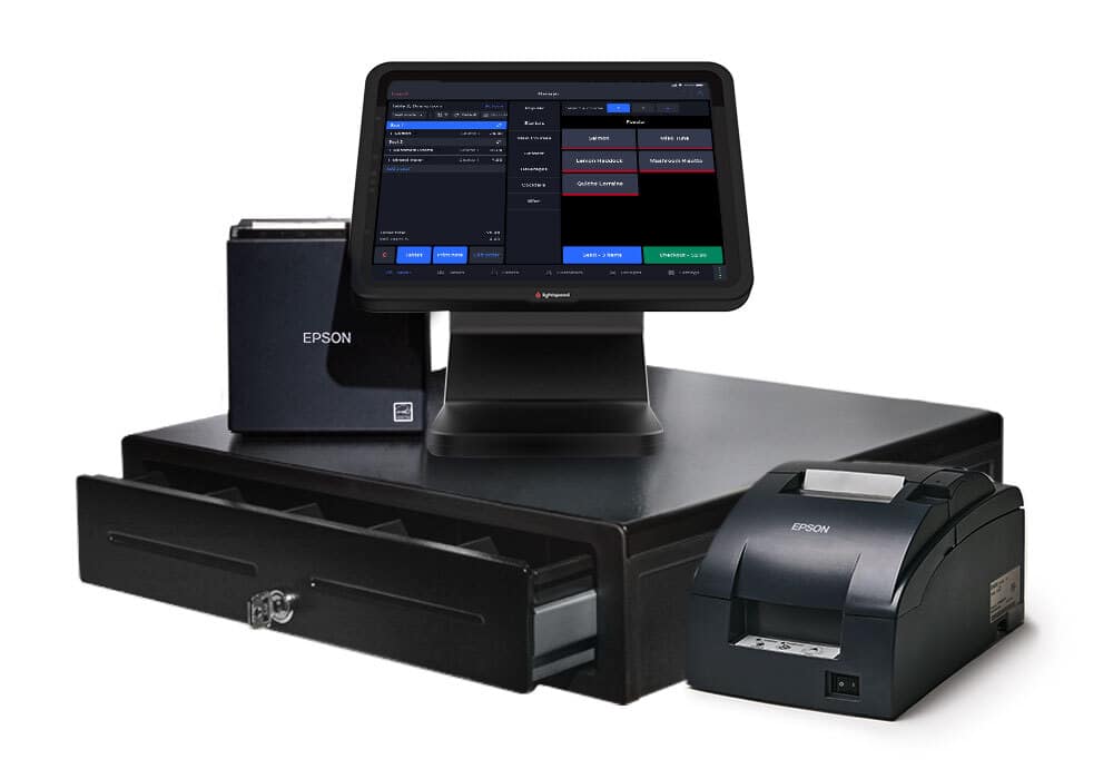 lightspeed restaurant pos hardware and software with a receipt printer and cash drawer