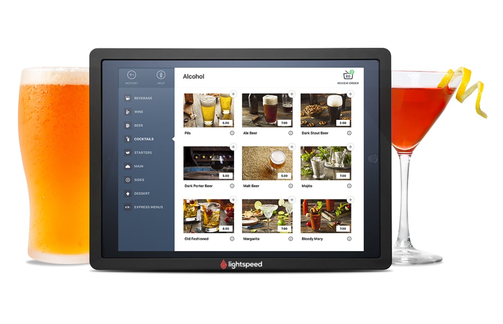 Lightspeed Restaurant self ordering app showing different 'alcohol options' on a tablet with a beer on the left side and a cocktail on the right