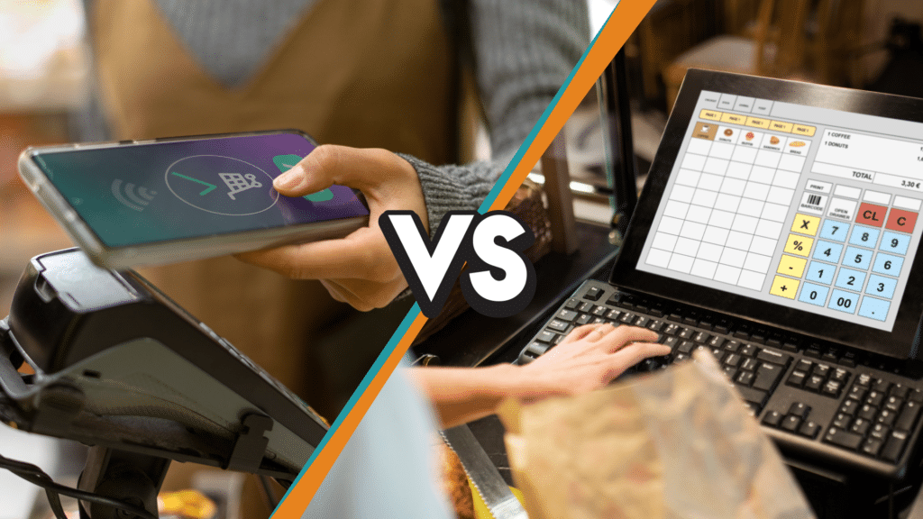On one side of the image a person used a server-based POS system and on the other side a person uses a cloud-based system