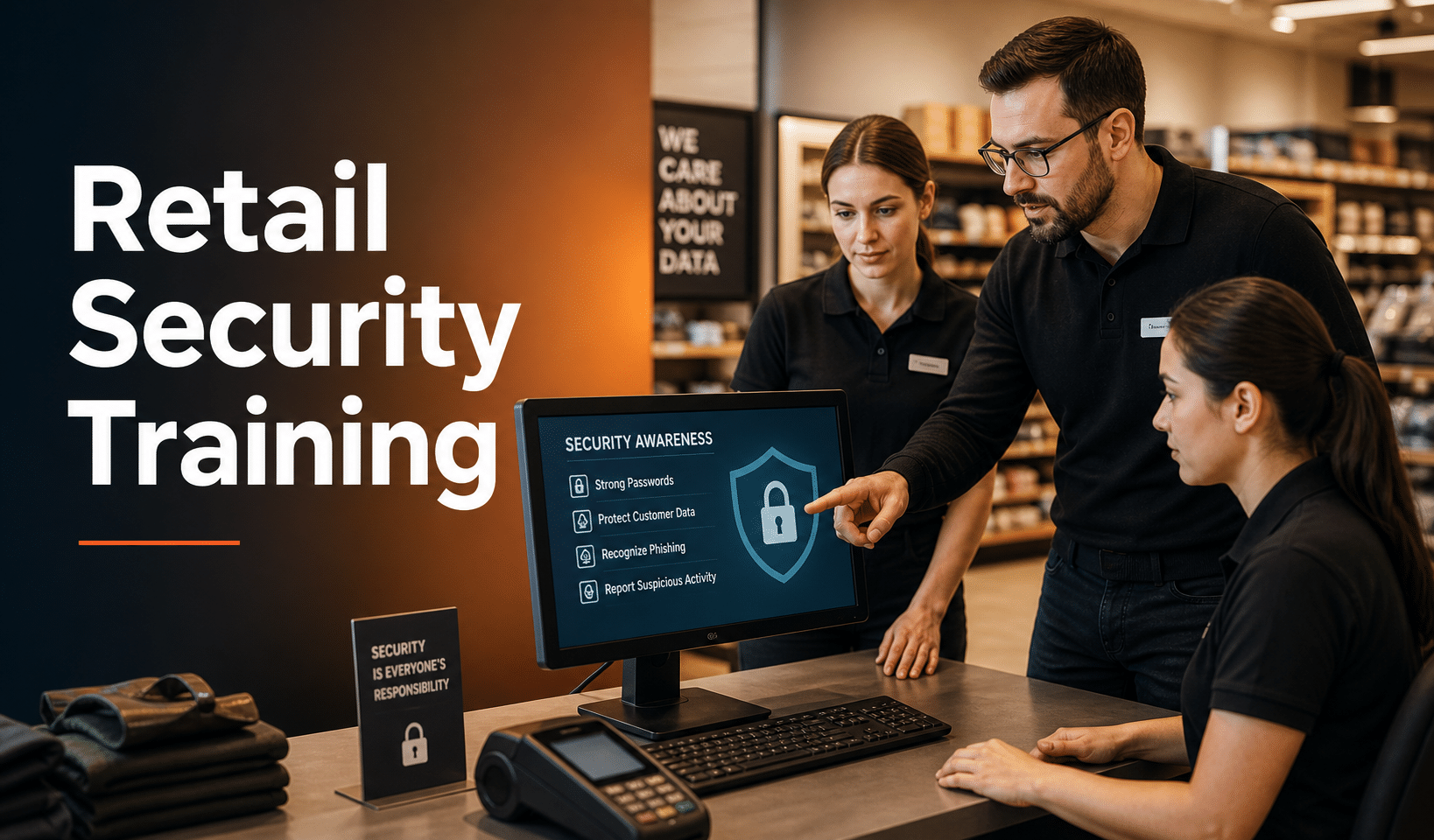 Featured image showing a retail employee or manager reviewing security procedures with other store employees.