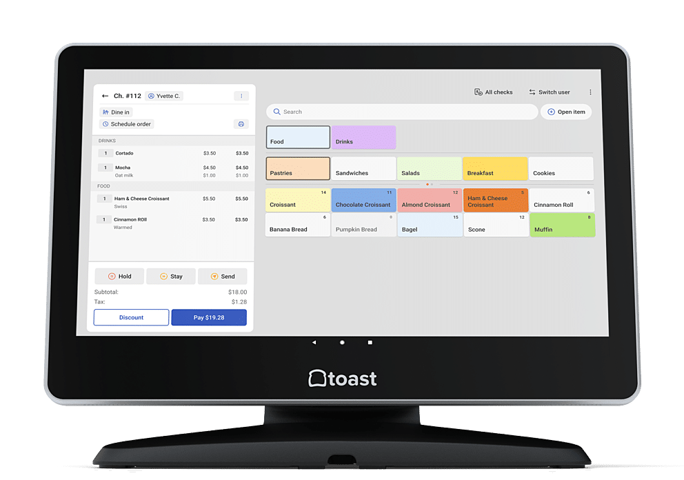 Desktop terminal from Toast displaying an order on the cashier screen from a bakery