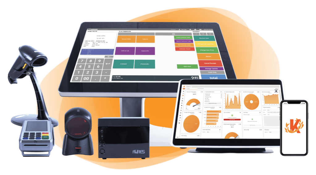 KORONA POS hardware with a POS terminal, a tablet, a receipt printer, a scanner, and a credit card machine