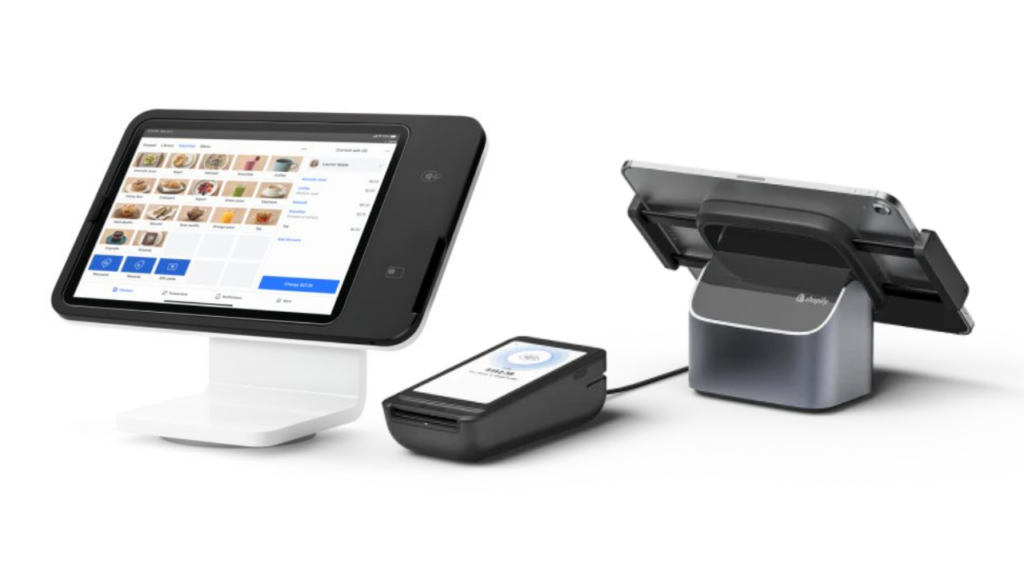 Square Terminal Stand sits next to a Shopify tablet and card reader