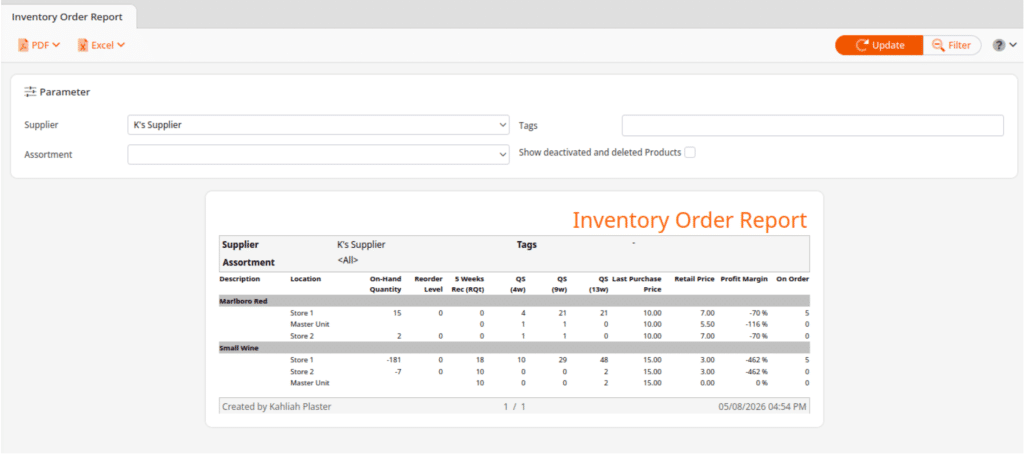 KORONA POS Inventory Order Report showing on-hand quantity, reorder levels, recommended order quantities, and sales history by product and store location.