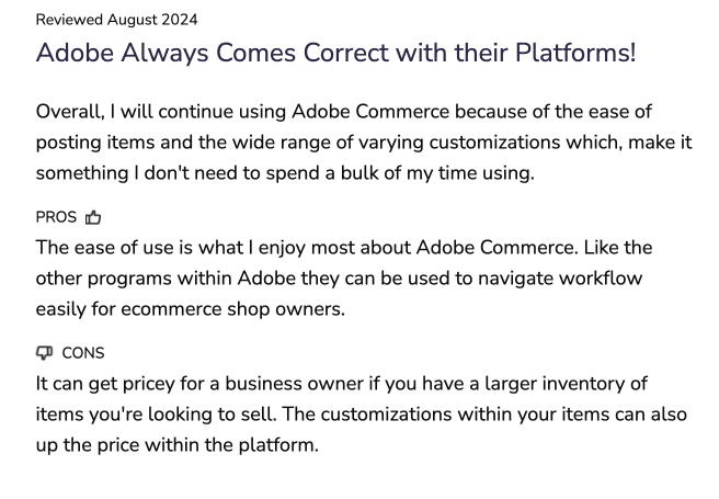 Screenshot highlighting an Adobe review from Software Advice with pros and cons to the software