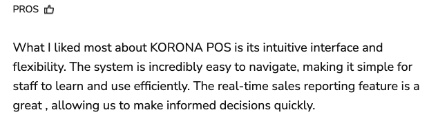 Screenshot of a Software Advice review from a KORONA POS user