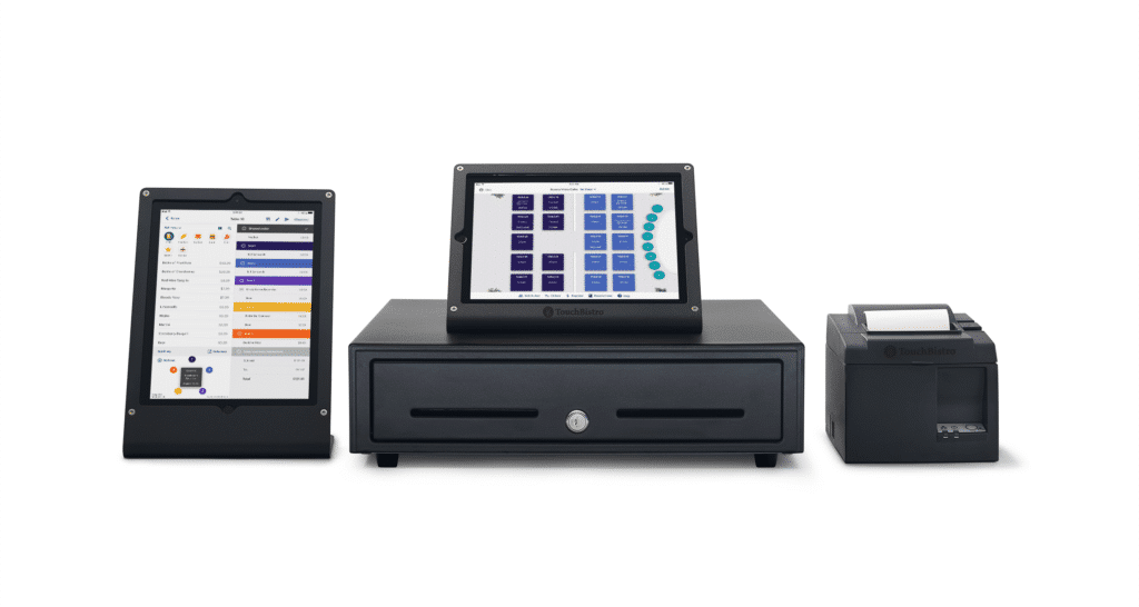 A TouchBistro point of sale system with two iPad displays showing order and menu screens, a cash drawer, and a receipt printer, all in black.