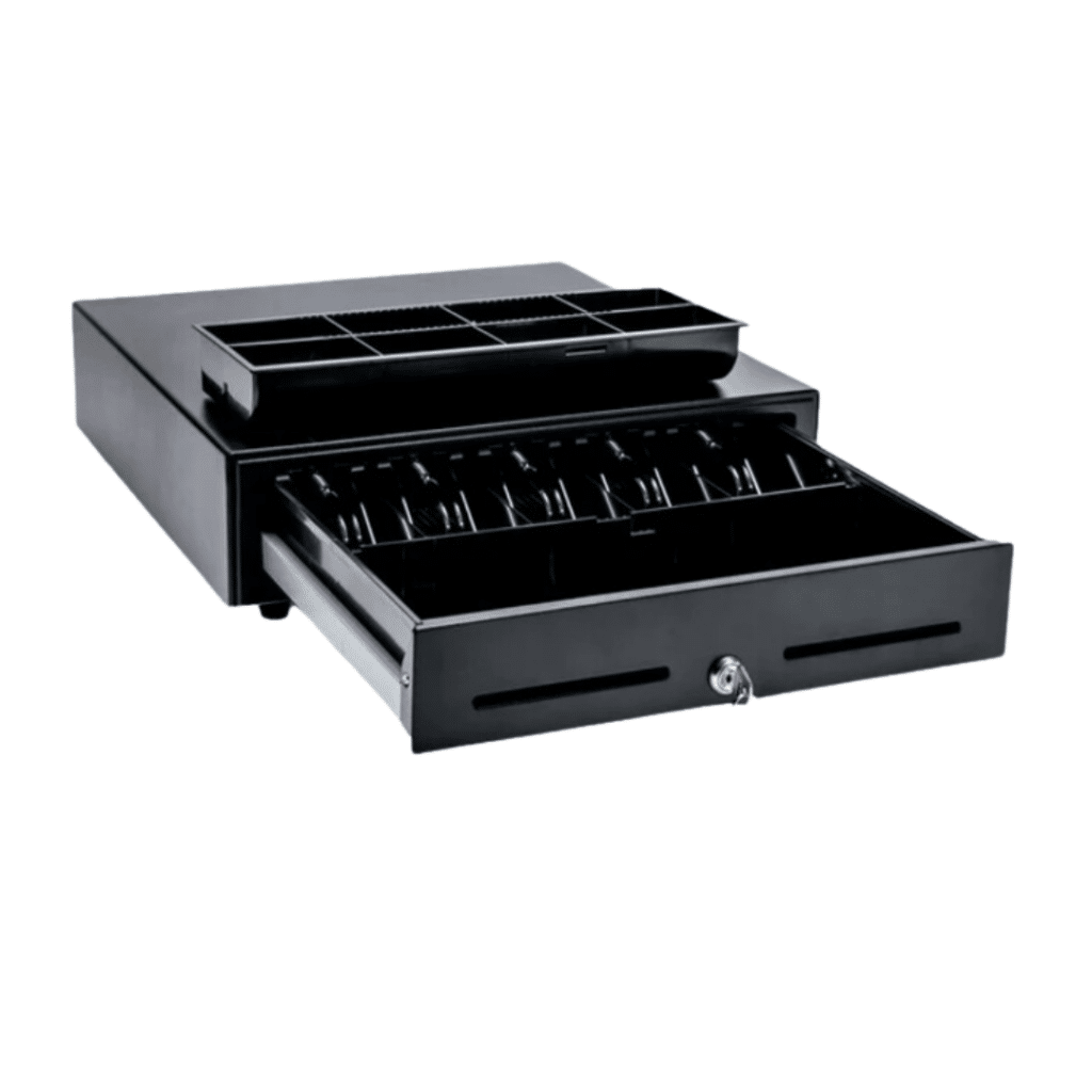 A standard cash drawer open with the coin slots and all cash removed