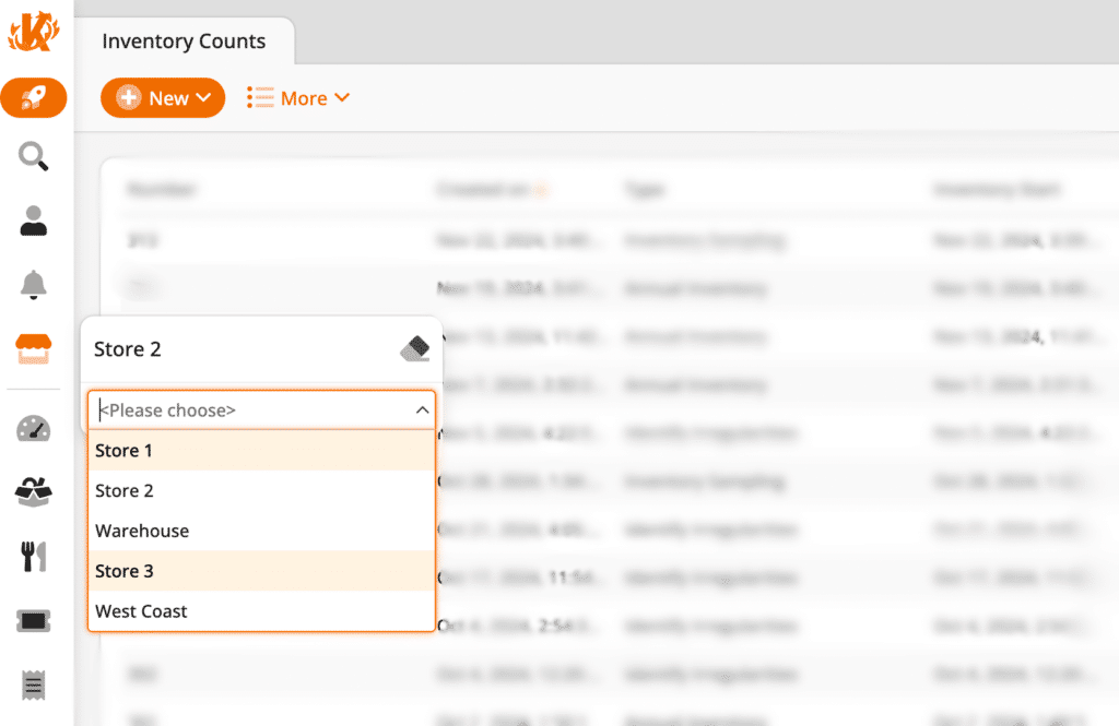 KORONA Studio screenshot showing how merchants can conduct inventory counts for multiple locations