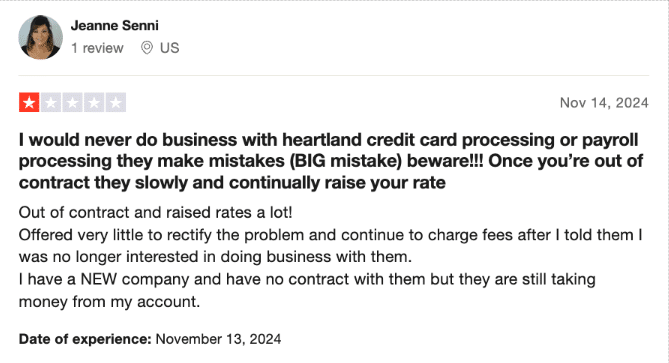 Screenshot of a negative user review for Heartland POS from Trustpilot