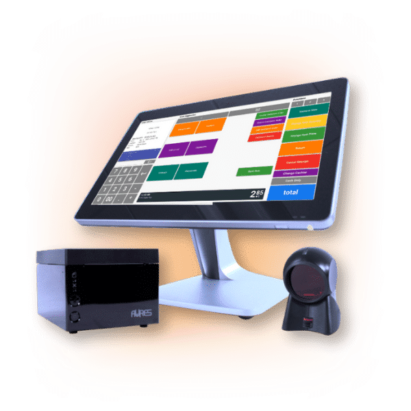 KORONA POS hardware group on a terminal with a receipt printer and scanner.