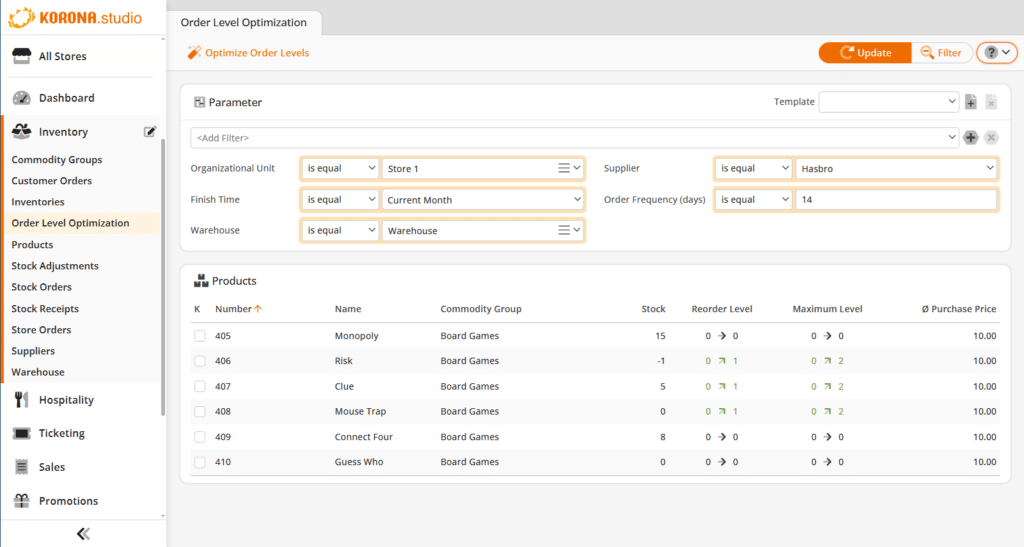Order level optimization feature screenshot in KORONA.studio