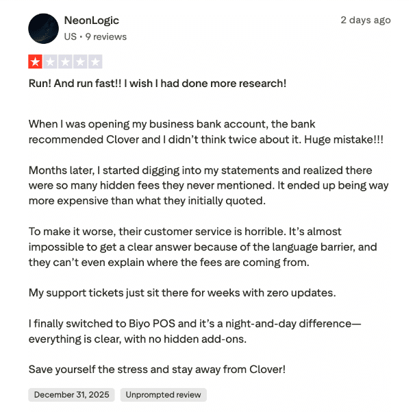 Image showing a comment from a Clover user complaining about hidden fees and poor quality support.