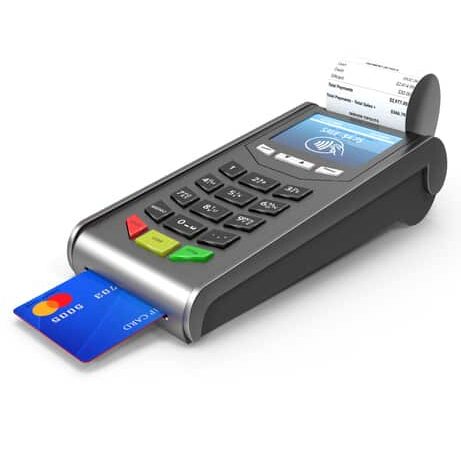 credit card terminal with blue card inserted and receipt emerging