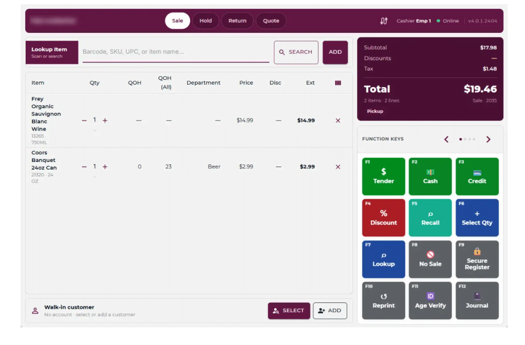 mPower Beverage POS checkout screen showing a wine and beer sale with on-hand stock counts and an Age Verify function key