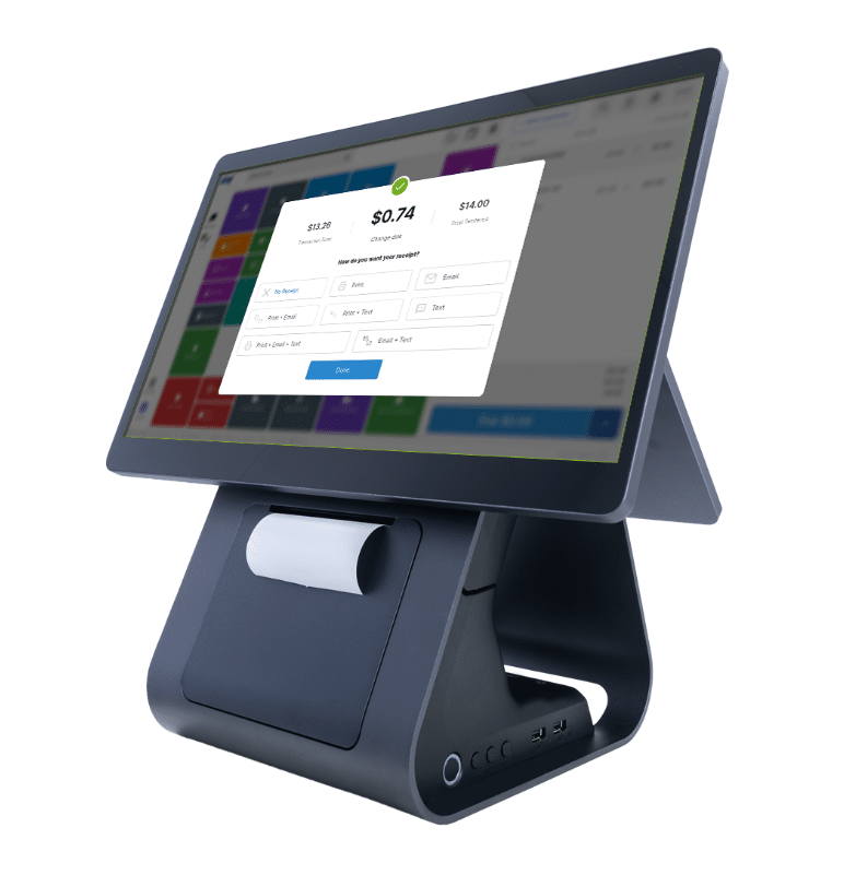 FTx POS all-in-one touchscreen terminal with built-in receipt printer, displaying a completed sale and receipt delivery options