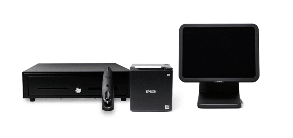 Lightspeed Retail POS hardware bundle with cash drawer, Socket Mobile barcode scanner, Epson receipt printer, and iPad terminal on stand