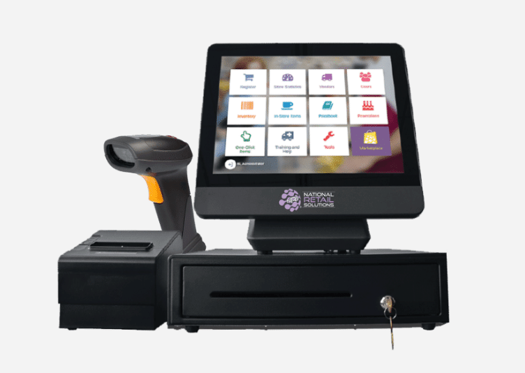 National Retail Solutions POS bundle with touchscreen terminal, receipt printer, card payment terminal, cash drawer, and barcode scanner