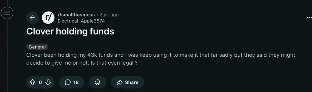 A screenshot of a Reddit thread in r/smallbusiness discussing Clover holding funds