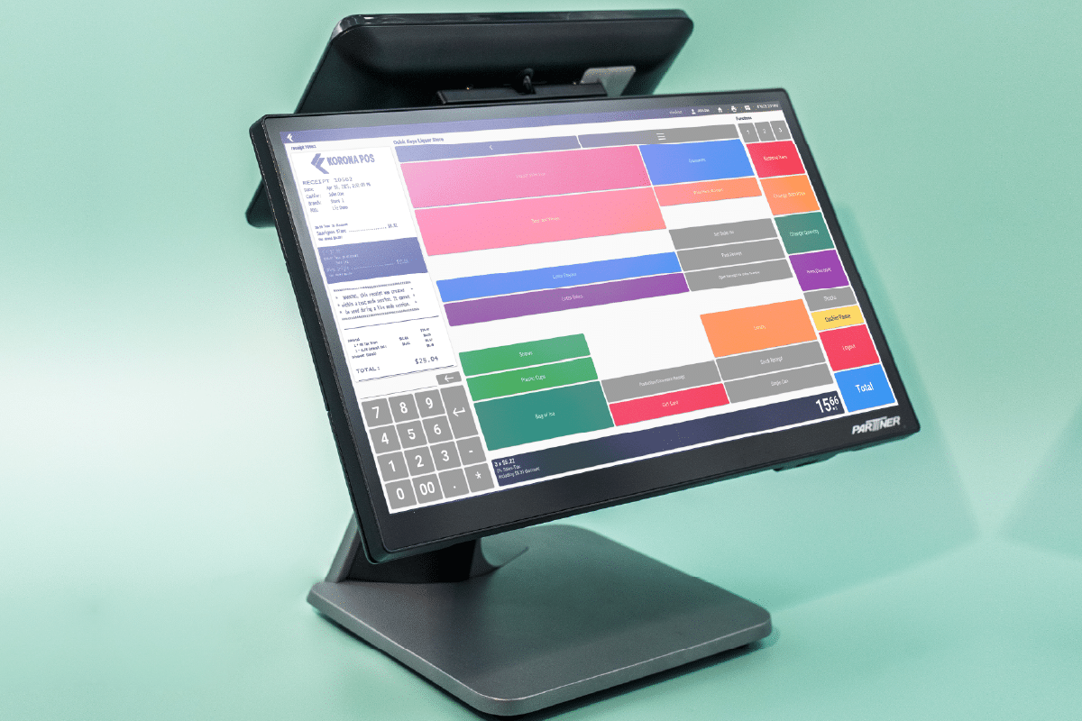 KORONA POS terminal with green background showing a cashier terminal