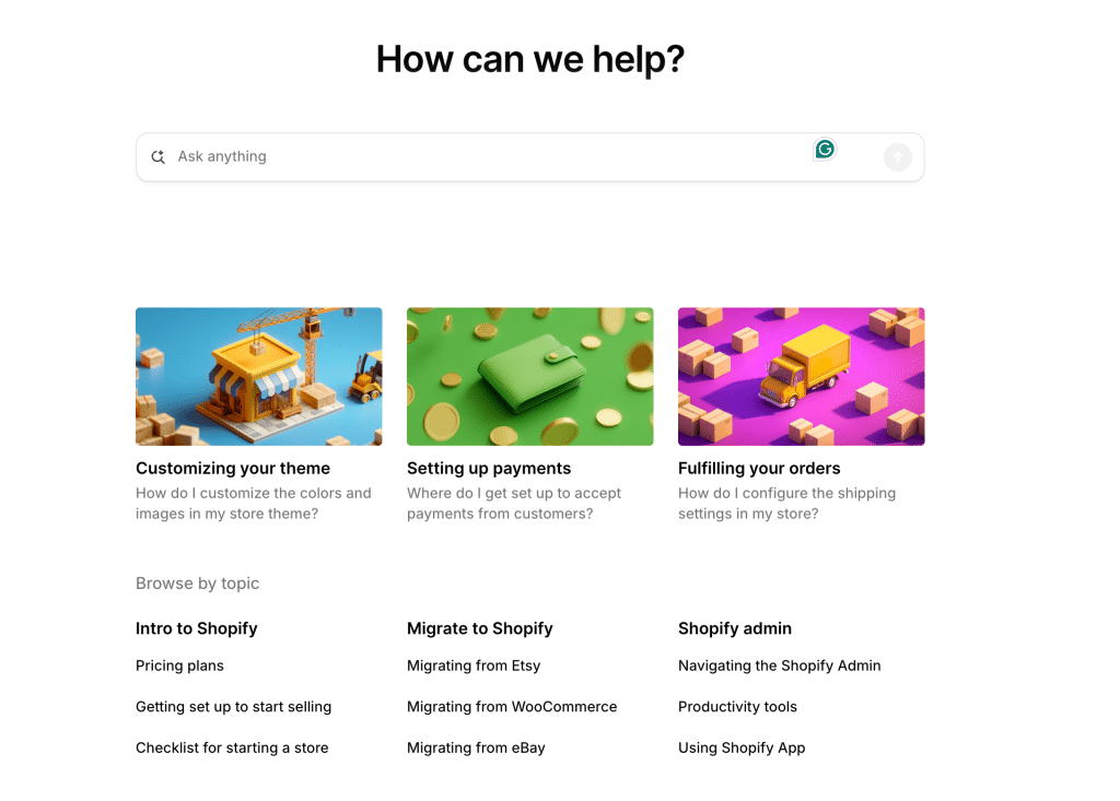 Picture illustrating the Shopify helping center. 