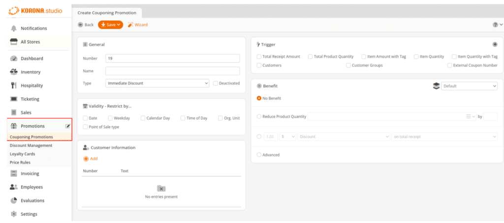 Picture illustrating how to create couponing promotion options in KORONA POS