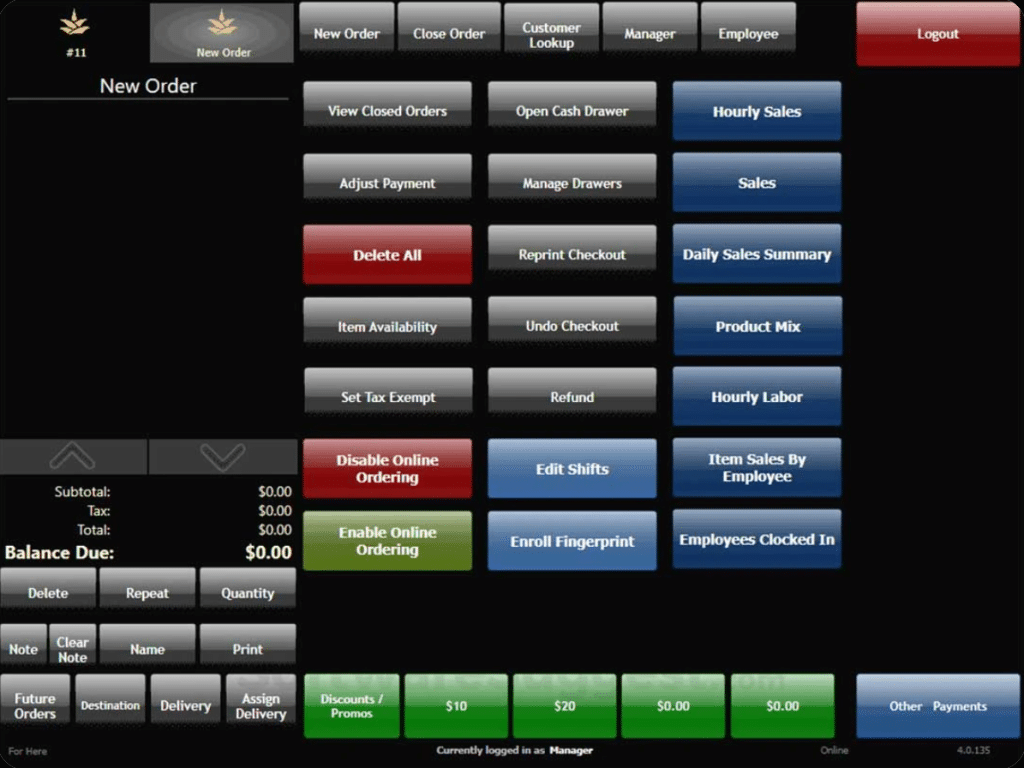 Cashier screen showing various cashier functions on PAR Brink POS system