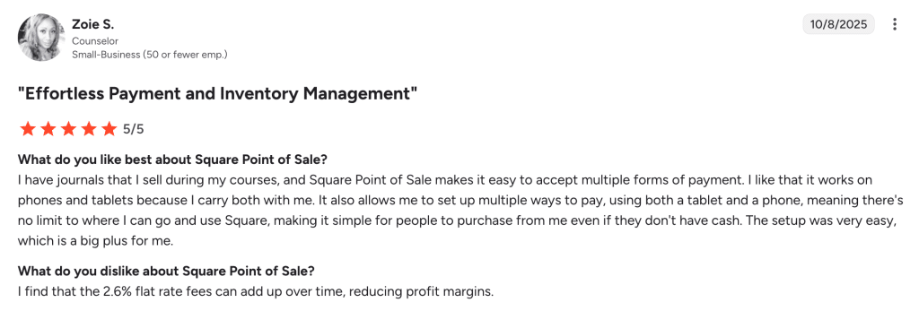 review of Square Point of Sale by a small-business counselor, praising its ease of use and multi-device payment flexibility, with a minor concern about transaction fees.