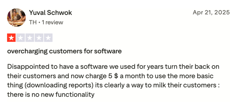 Trustpilot review of Loyverse by a long-time user, criticizing a new $5/month charge for basic report downloads with no added features.