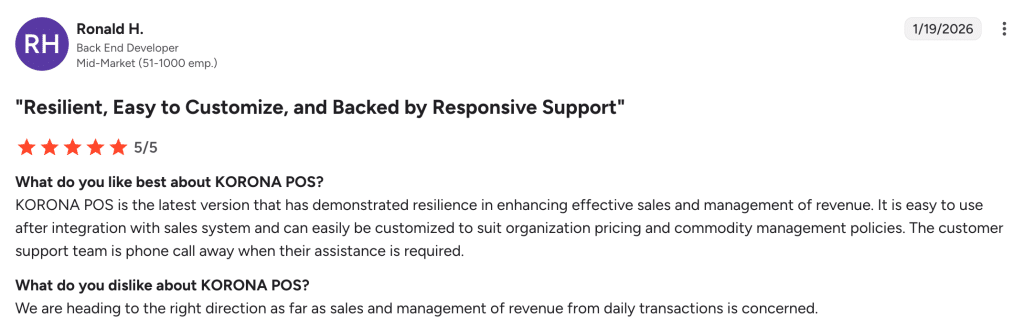 G2 review of KORONA POS by a mid-market back-end developer, highlighting its customizability, sales management capabilities, and responsive customer support.