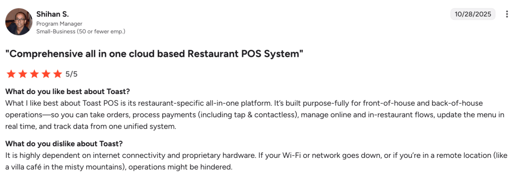 Toast POS by a small-business program manager, praising its all-in-one restaurant platform while noting its reliance on internet connectivity and proprietary hardware.