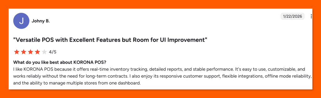 G2 review of KORONA POS by Johny B., rated 4 out of 5 stars, praising its inventory tracking, reporting, and customer support.