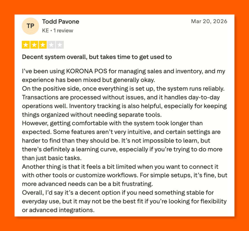 Trustpilot review of KORONA POS by Todd Pavone, noting reliability but citing a learning curve and limited integration options.