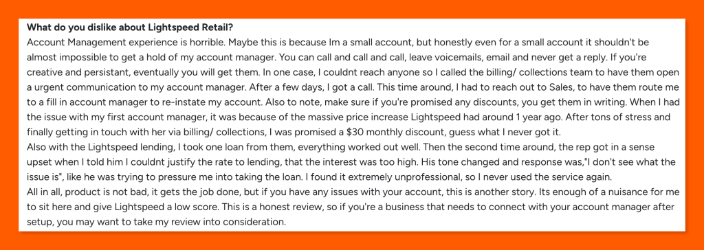 G2 review of Lightspeed Retail by Albert C., rated 0.5 out of 5 stars, noting quick performance but limited reporting and poor account management.