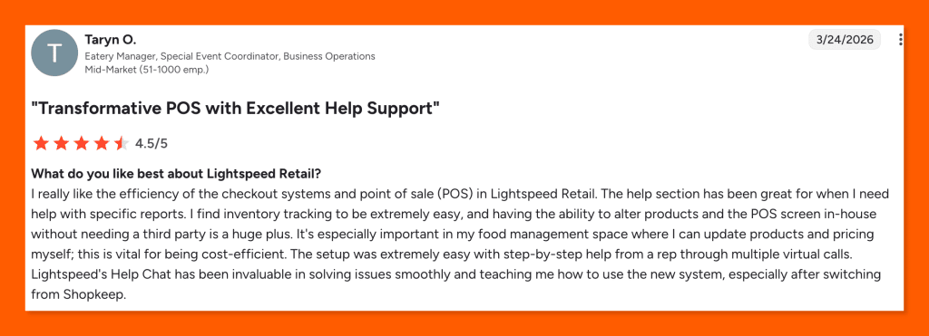 G2 review of Lightspeed Retail, highlighting checkout efficiency, easy inventory tracking, and excellent help support.