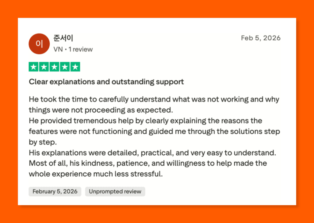 Five-star Trustpilot review praising a support representative for clear explanations, patience, and step-by-step guidance.