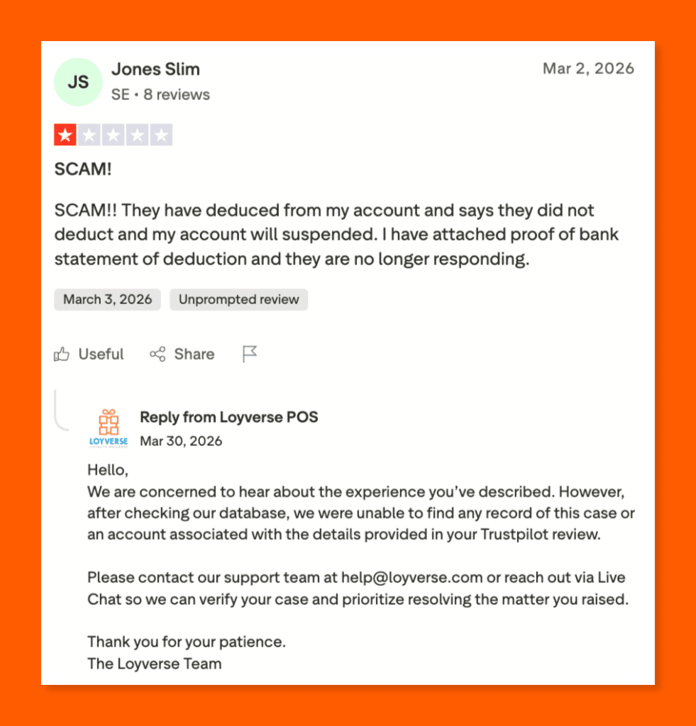 One-star Trustpilot review of Loyverse POS by Jones Slim, alleging unauthorized account deductions, with a response from the Loyverse team.