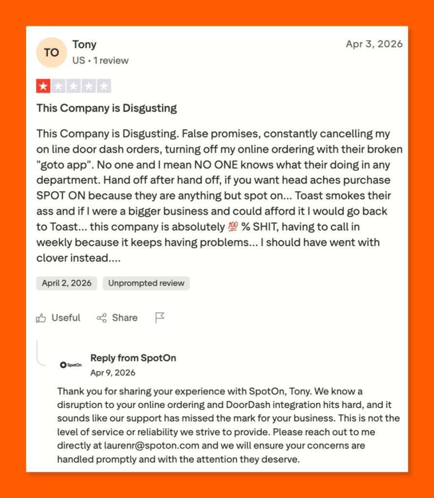 One-star Trustpilot review of SpotOn by Tony, citing cancelled orders, a broken app, and poor customer support, with a response from the SpotOn team.