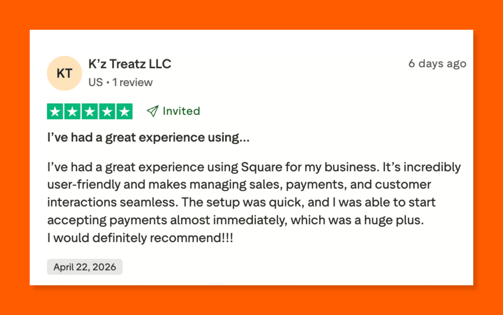 Trustpilot review of Square by K'z Treatz LLC, praising its ease of use, quick setup, and seamless payment processing.