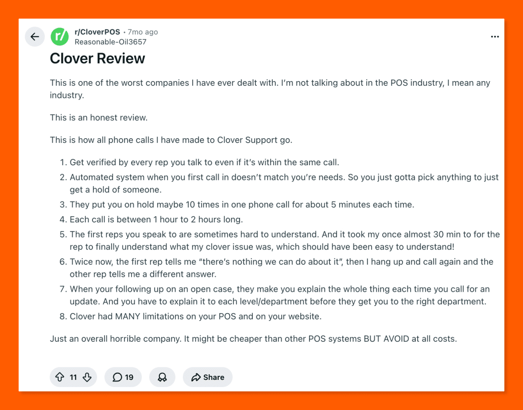 Reddit post in r/CloverPOS criticizing Clover's customer support, detailing long wait times, inconsistent responses, and significant POS limitations.