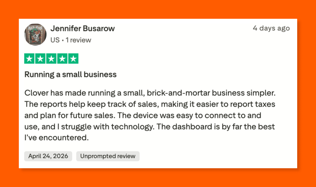 Five-star Trustpilot review of Clover by Jennifer Busarow, praising its ease of use, sales reporting, and intuitive dashboard for small businesses.