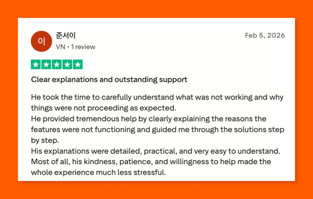 Five-star Trustpilot review, praising a support representative for clear, patient, and step-by-step guidance.