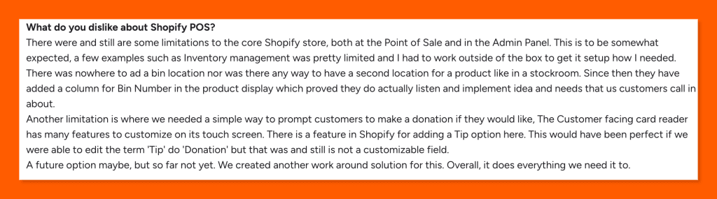 Continuation of Jason L.'s G2 review of Shopify POS, pointing out inventory management limitations and limited customization options in the Admin Panel.